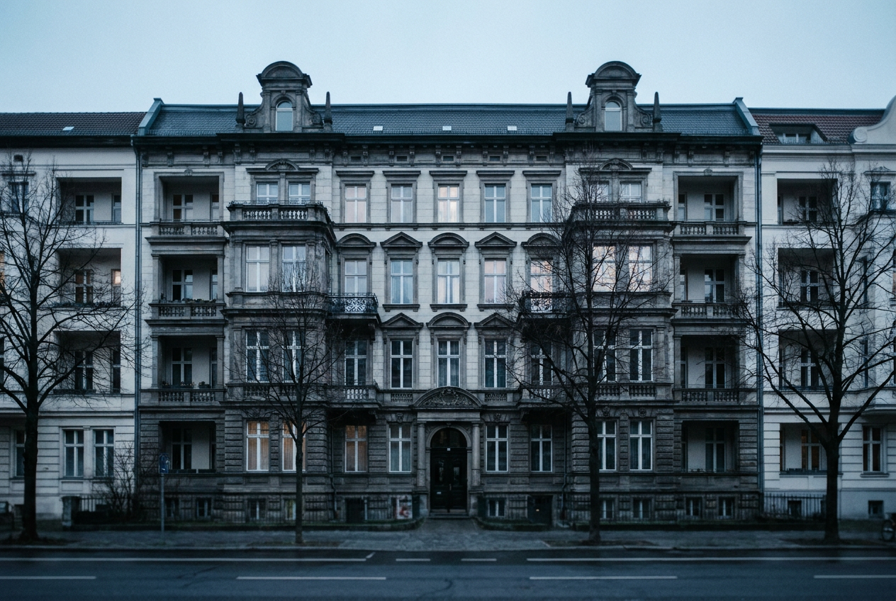 Berliner Altbaufassade in der Dämmerung