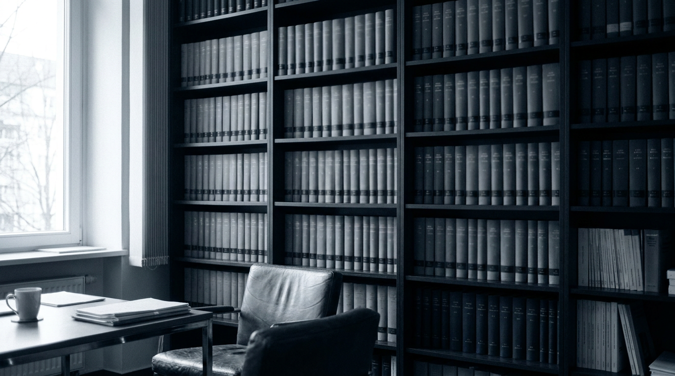 Sessel und Bücherwand in einem ruhigen Arbeitsraum