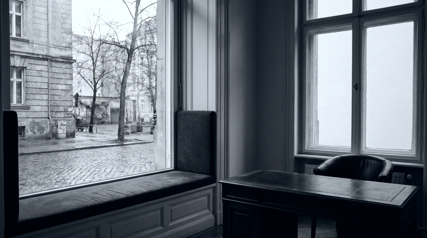Schreibtisch am Fenster mit Blick auf eine Berliner Kopfsteinpflasterstraße